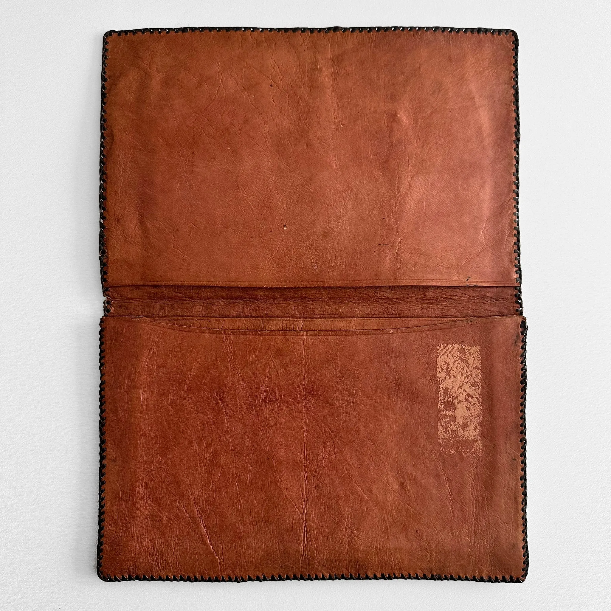 1970s Saddle Brown Stitched Embellished Leather Envelope Clutch Folder