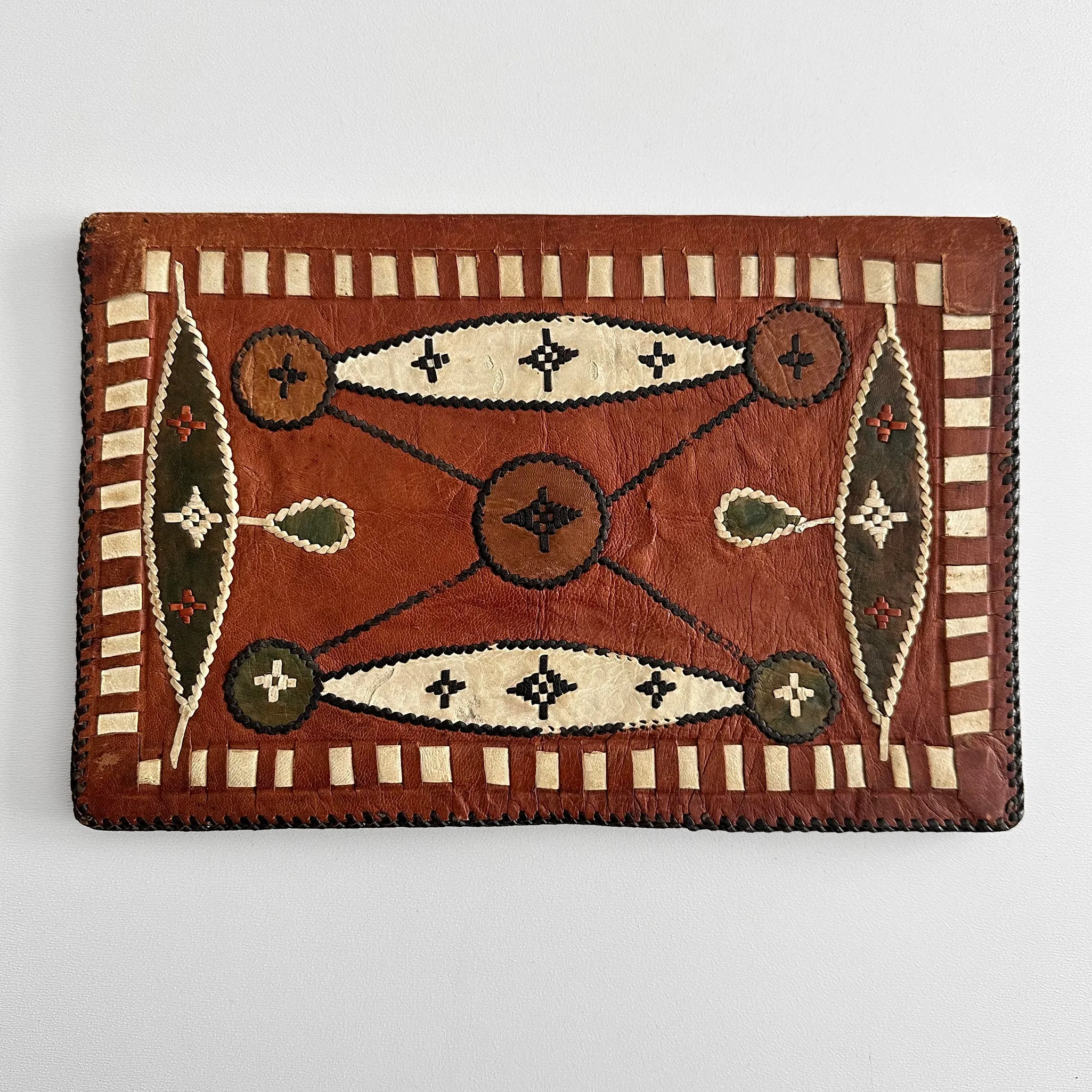 1970s Saddle Brown Stitched Embellished Leather Envelope Clutch Folder