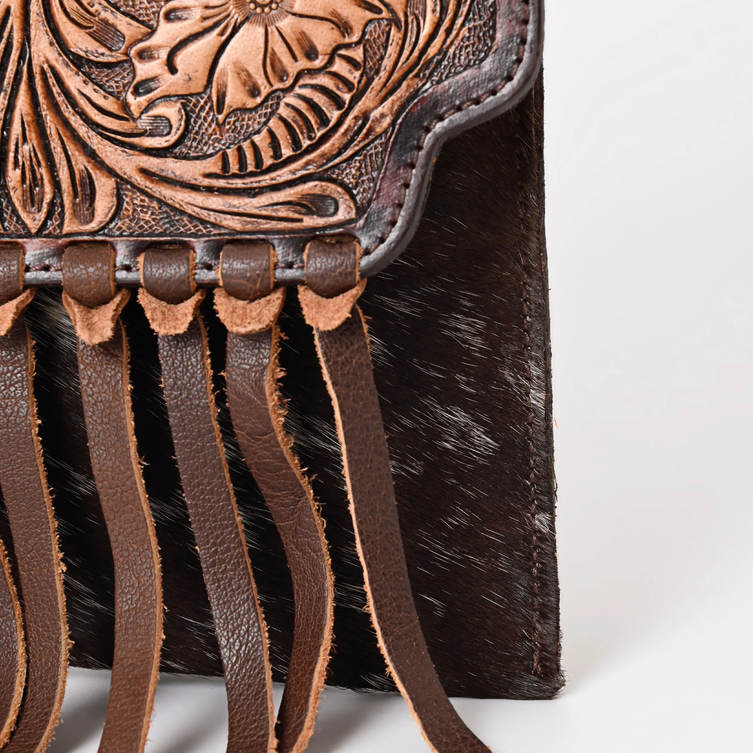 A&A-844A  Montana West Hand Tooled 100% Genuine Leather Hair On Cowhide  Fringe Crossbody