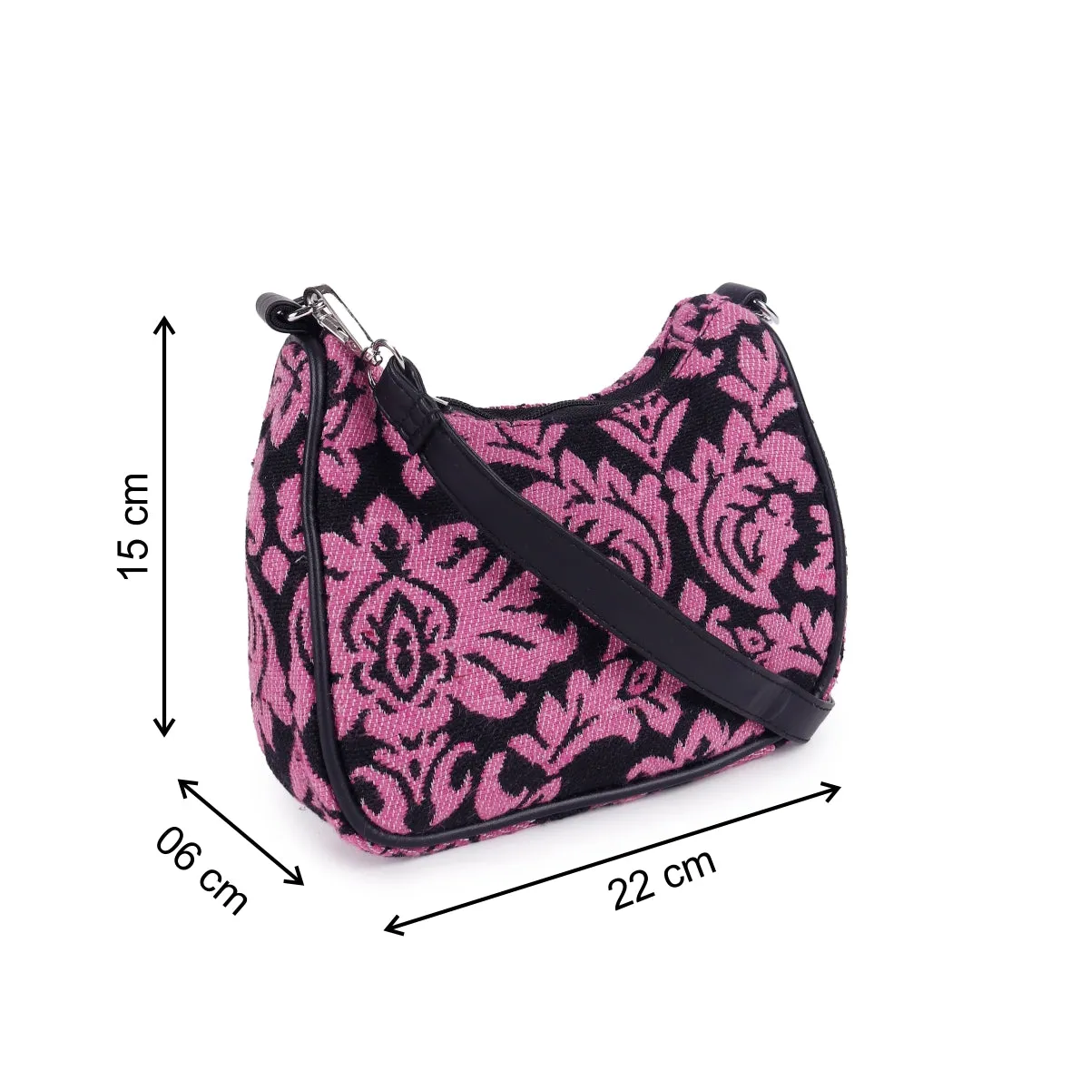 ASTRID Pink/Black Jacquard Fabric  With PU  Handle Bag.