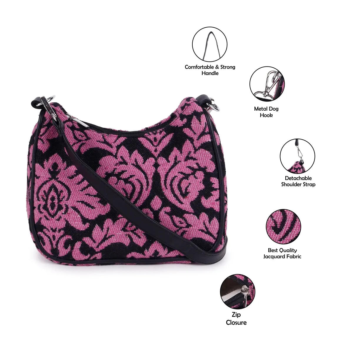 ASTRID Pink/Black Jacquard Fabric  With PU  Handle Bag.