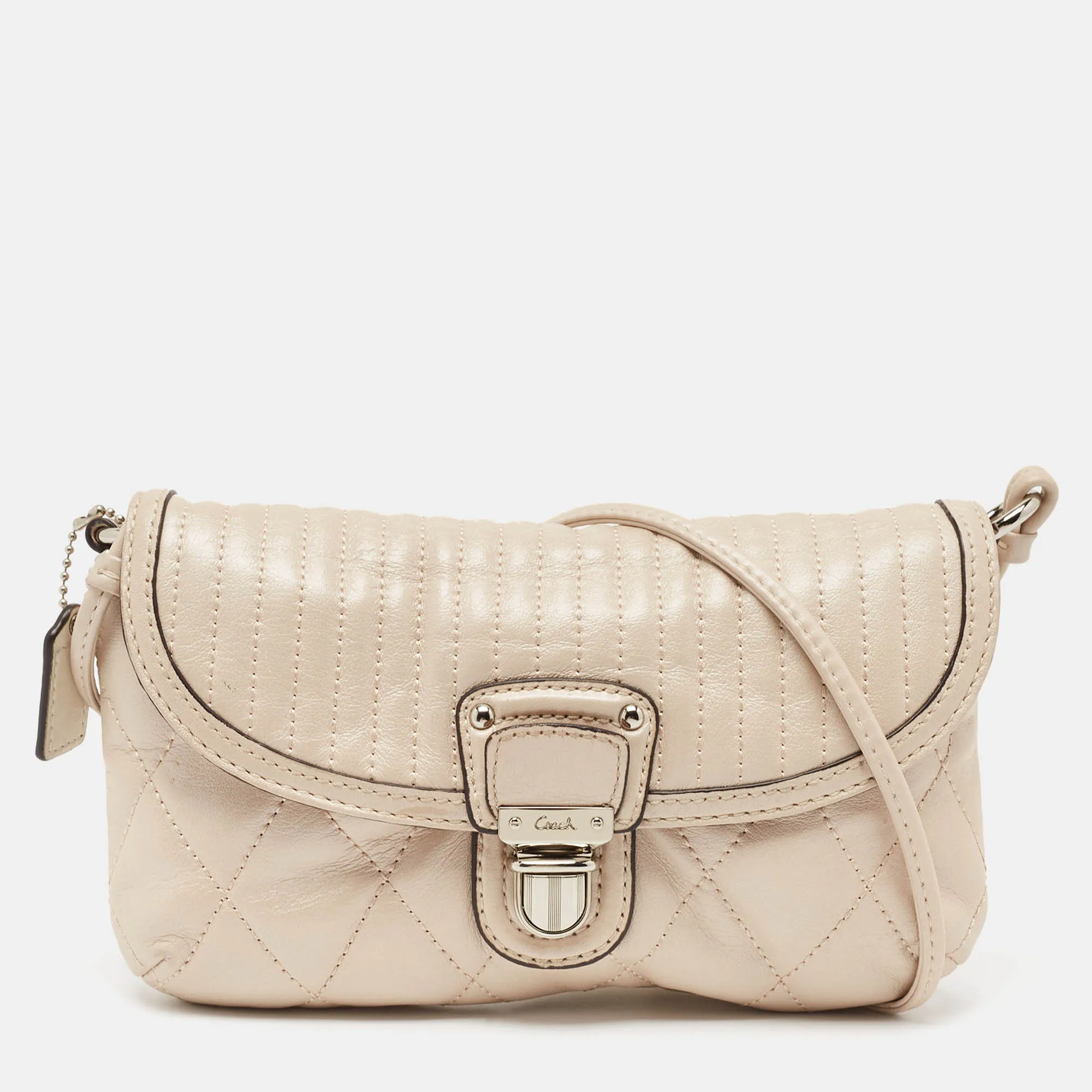 Beige Quilted Leather Push Lock Crossbody Bag