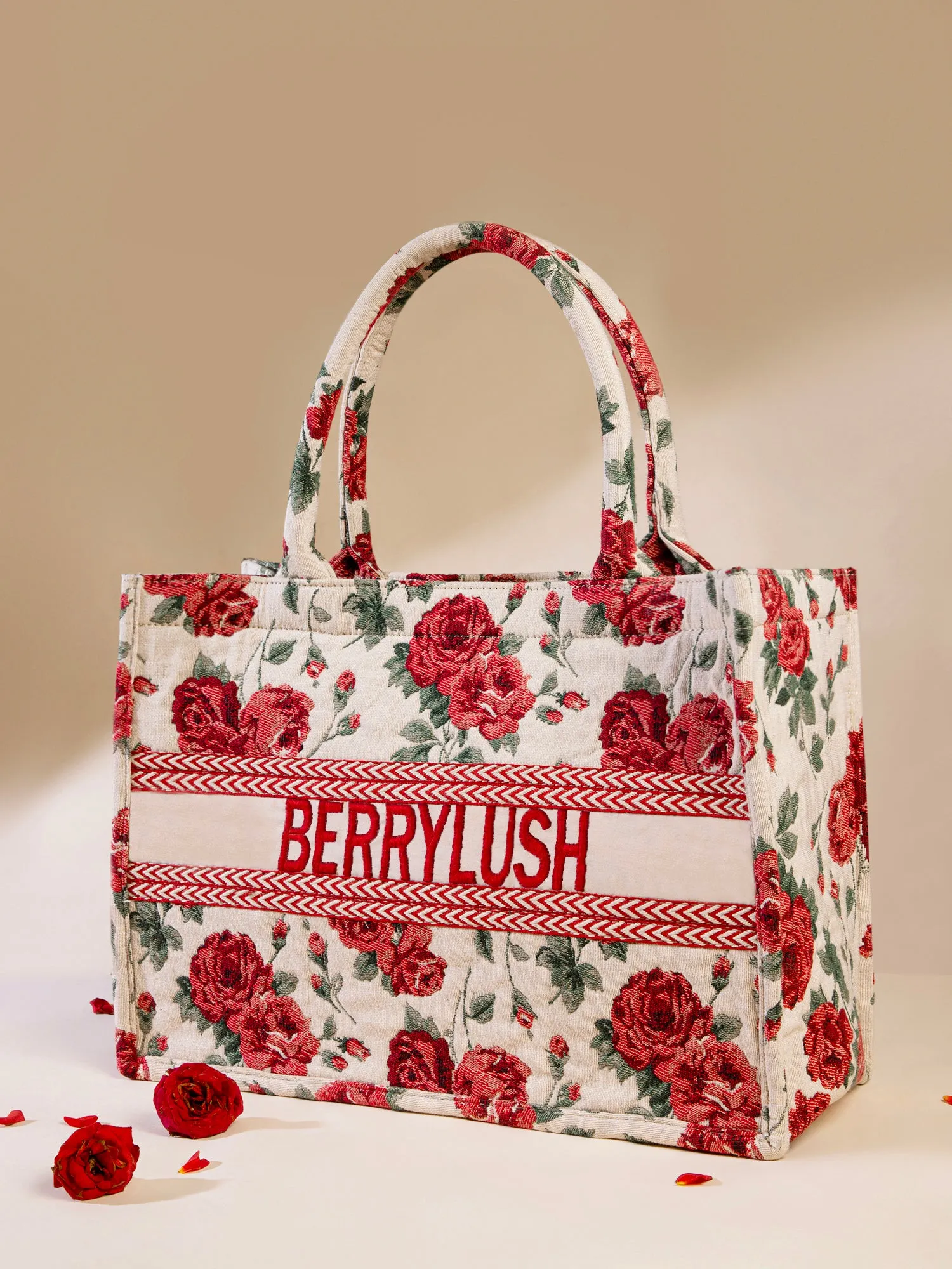 Berrylush Women Beige & Red Floral Printed Polyester Zipper-Up Embroidered Tote Bag