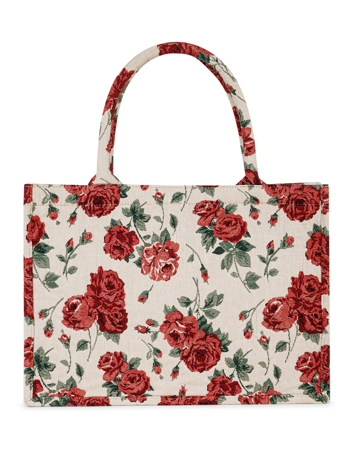 Berrylush Women Beige & Red Floral Printed Polyester Zipper-Up Embroidered Tote Bag