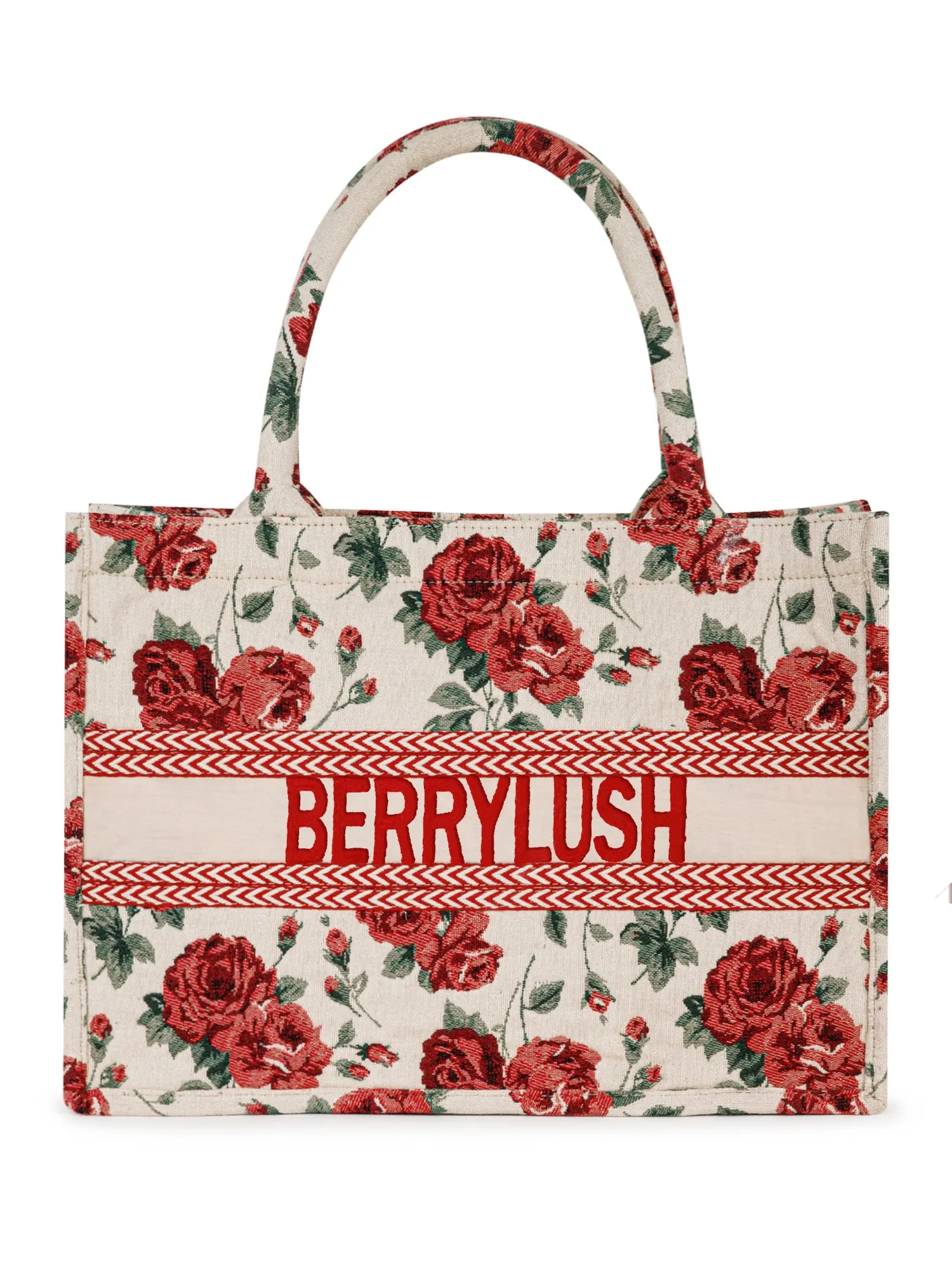 Berrylush Women Beige & Red Floral Printed Polyester Zipper-Up Embroidered Tote Bag