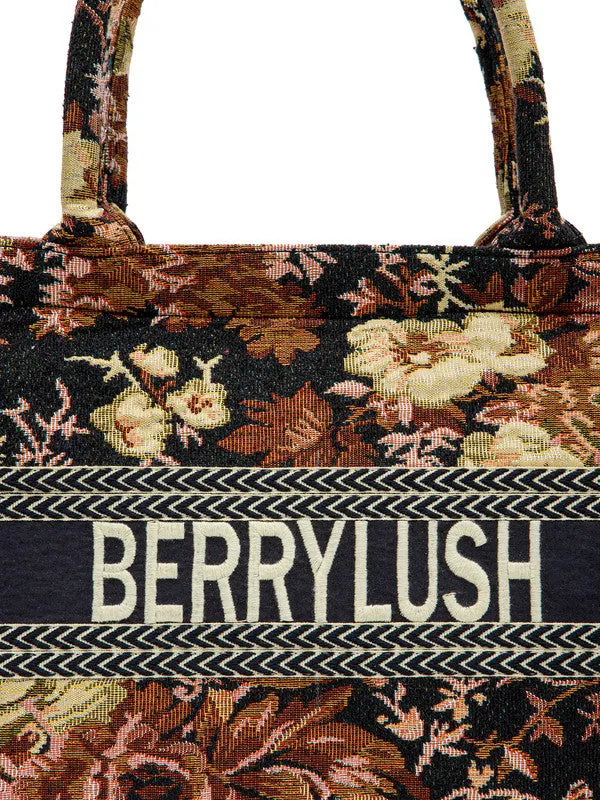 Berrylush Women Black & Pink Floral Printed Polyester Zipper-Up Embroidered Tote Bag