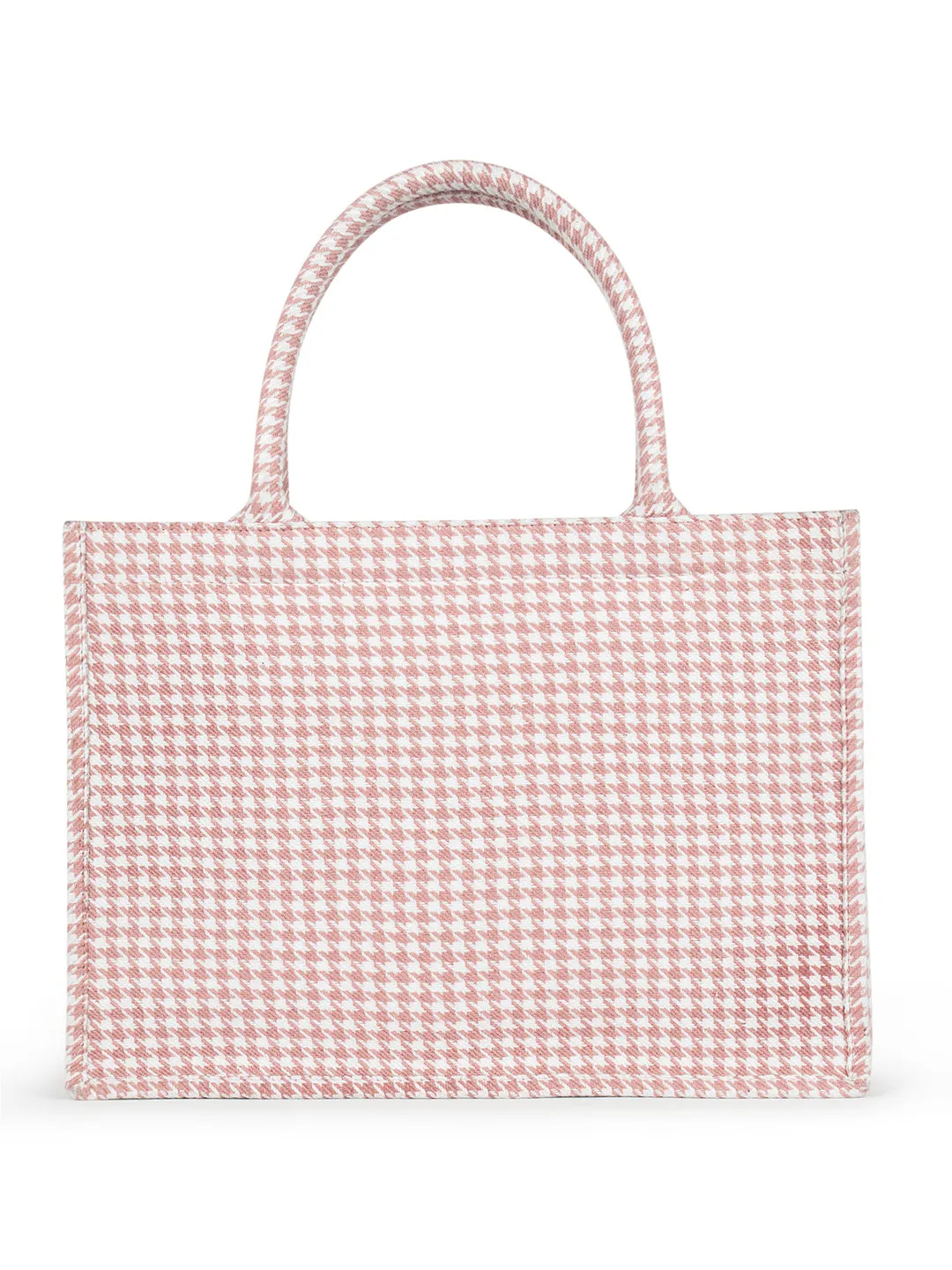 Berrylush Women Pink & White Houndstooth Printed Polyester Zipper-Up Embroidered Tote Bag