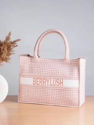 Berrylush Women Pink & White Houndstooth Printed Polyester Zipper-Up Embroidered Tote Bag