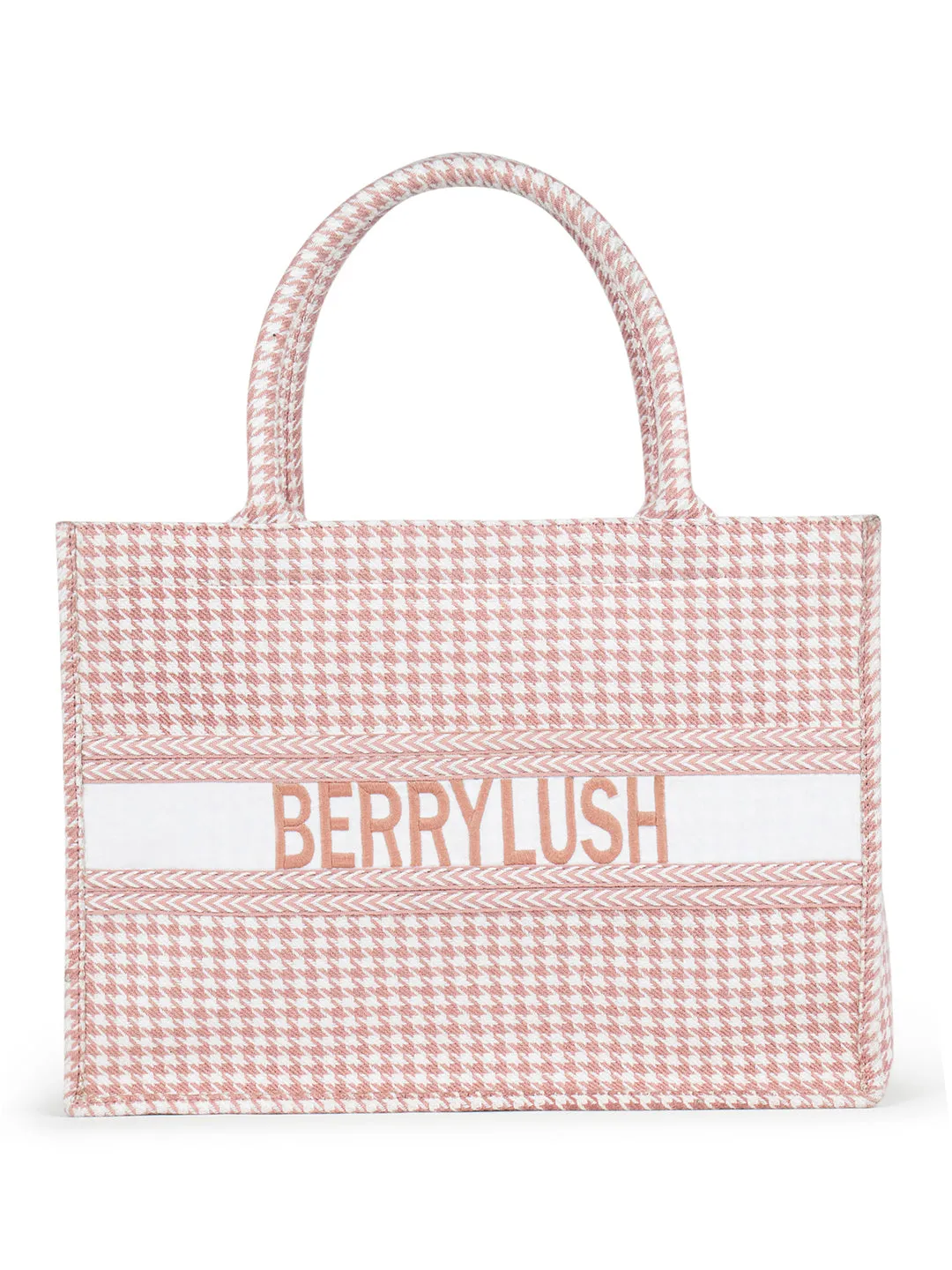 Berrylush Women Pink & White Houndstooth Printed Polyester Zipper-Up Embroidered Tote Bag