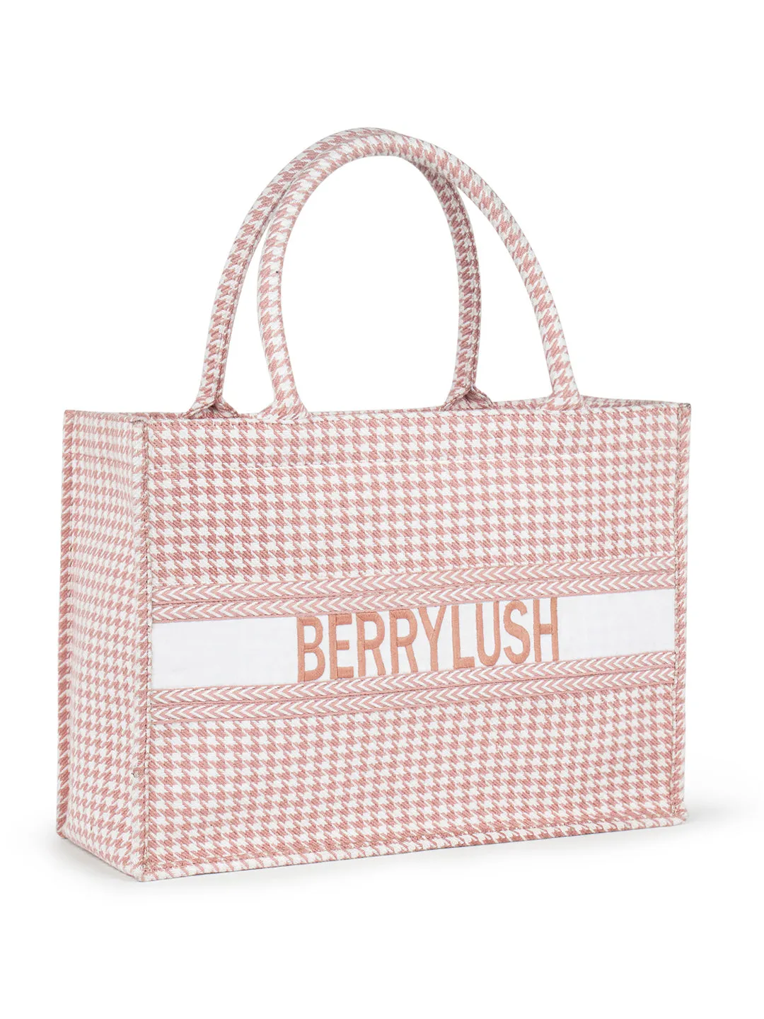 Berrylush Women Pink & White Houndstooth Printed Polyester Zipper-Up Embroidered Tote Bag