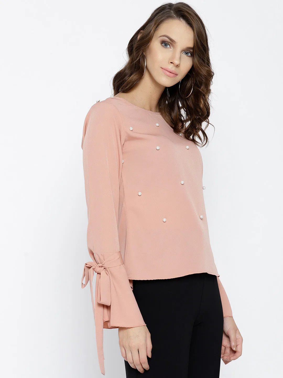 Berrylush Women Solid Dusty Pink Round Neck Bell Sleeves Embellished Regular Top