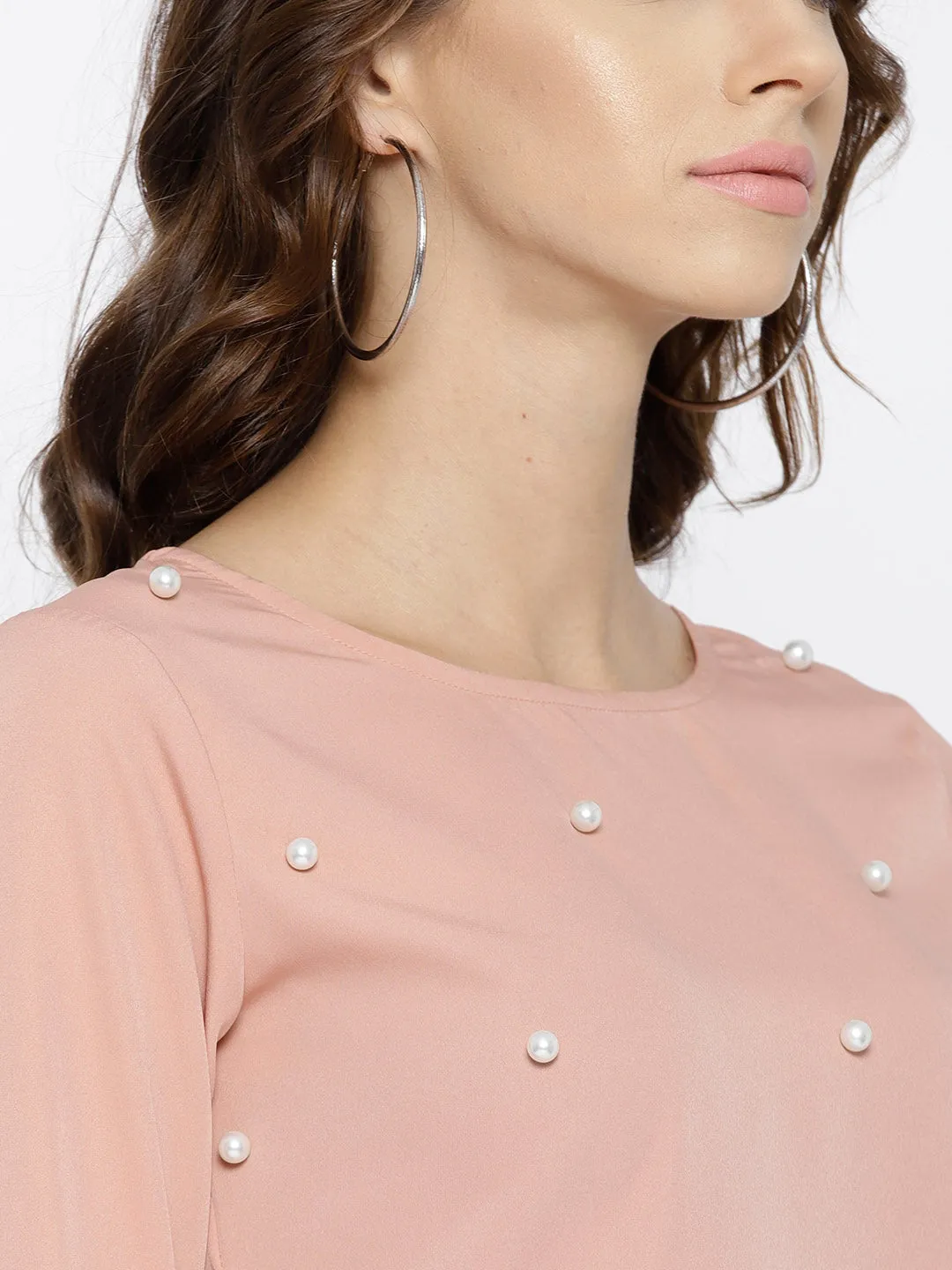 Berrylush Women Solid Dusty Pink Round Neck Bell Sleeves Embellished Regular Top