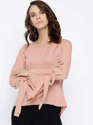 Berrylush Women Solid Dusty Pink Round Neck Bell Sleeves Embellished Regular Top