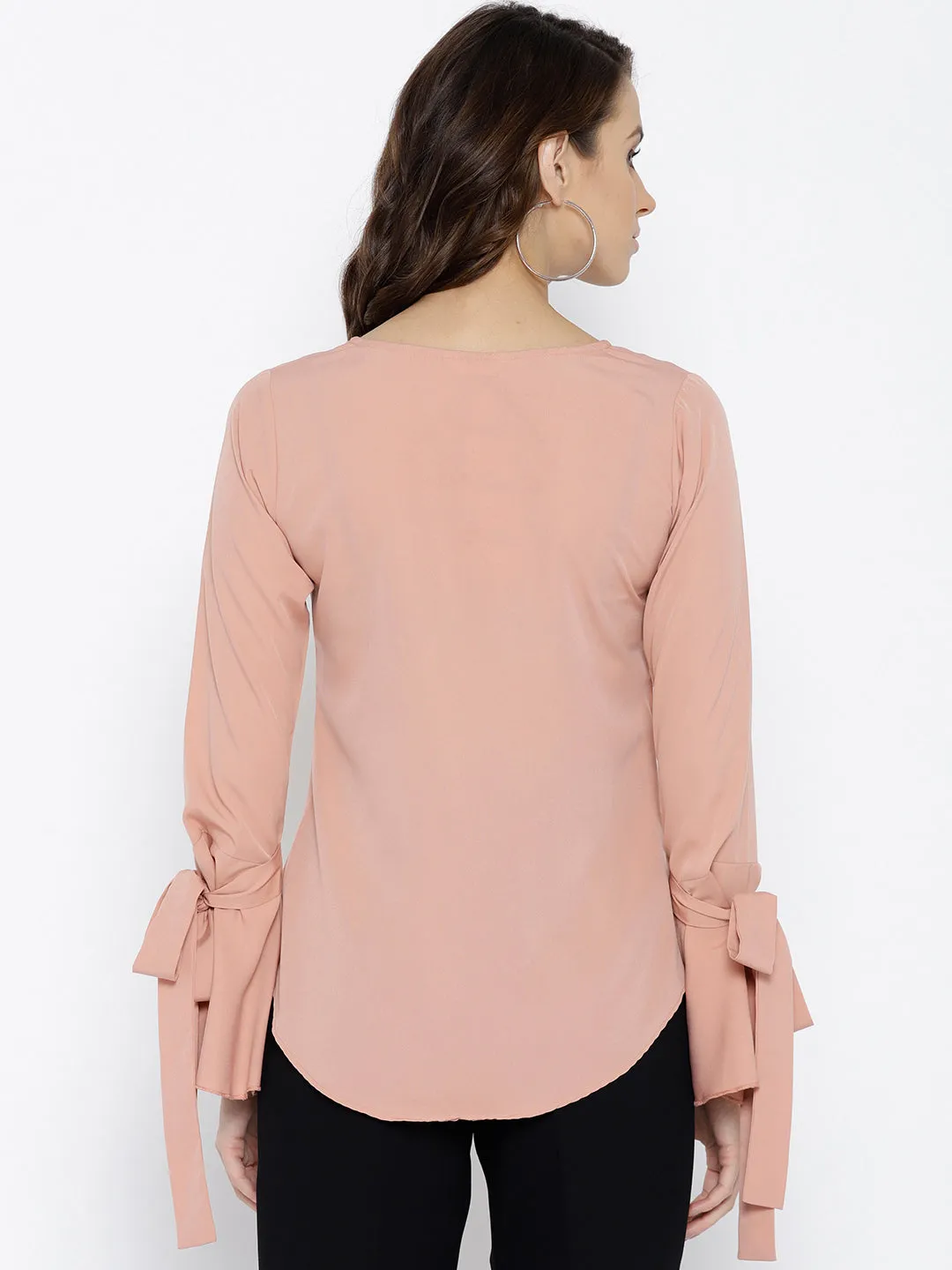 Berrylush Women Solid Dusty Pink Round Neck Bell Sleeves Embellished Regular Top