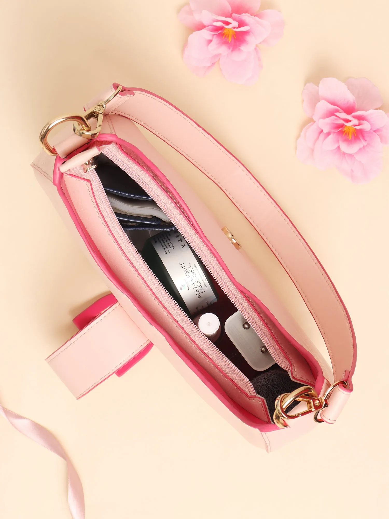 Berrylush Women Solid Pink Synthetic Leather Detachable Sling Strap Embellished Handheld Bag