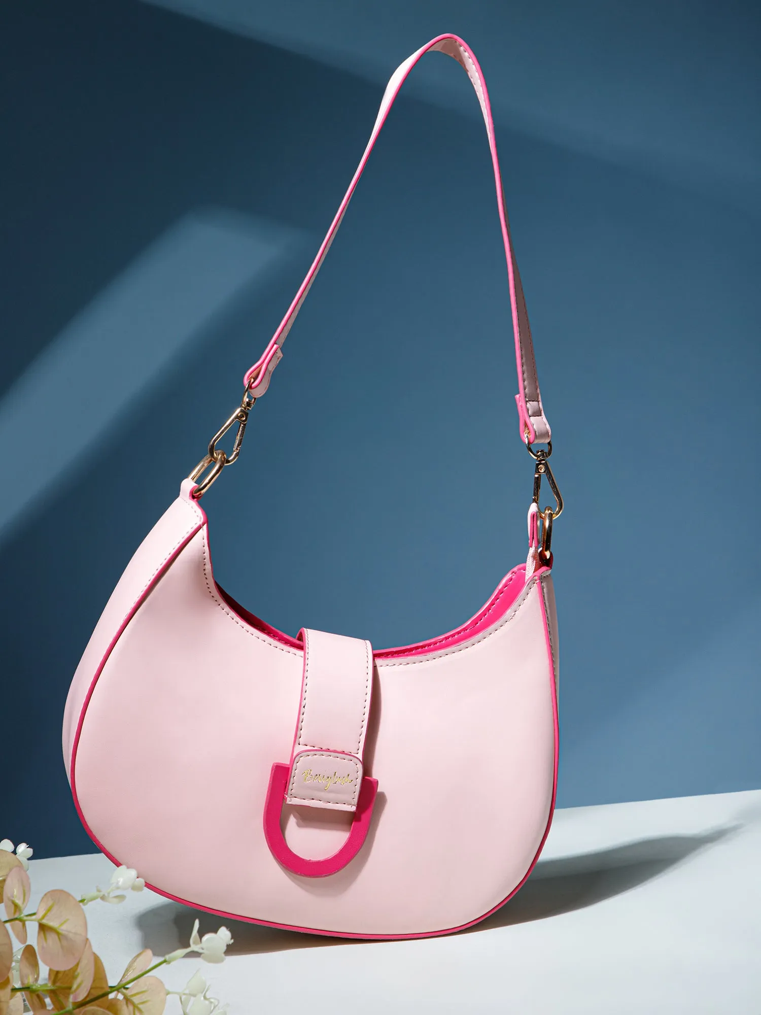 Berrylush Women Solid Pink Synthetic Leather Detachable Sling Strap Embellished Handheld Bag