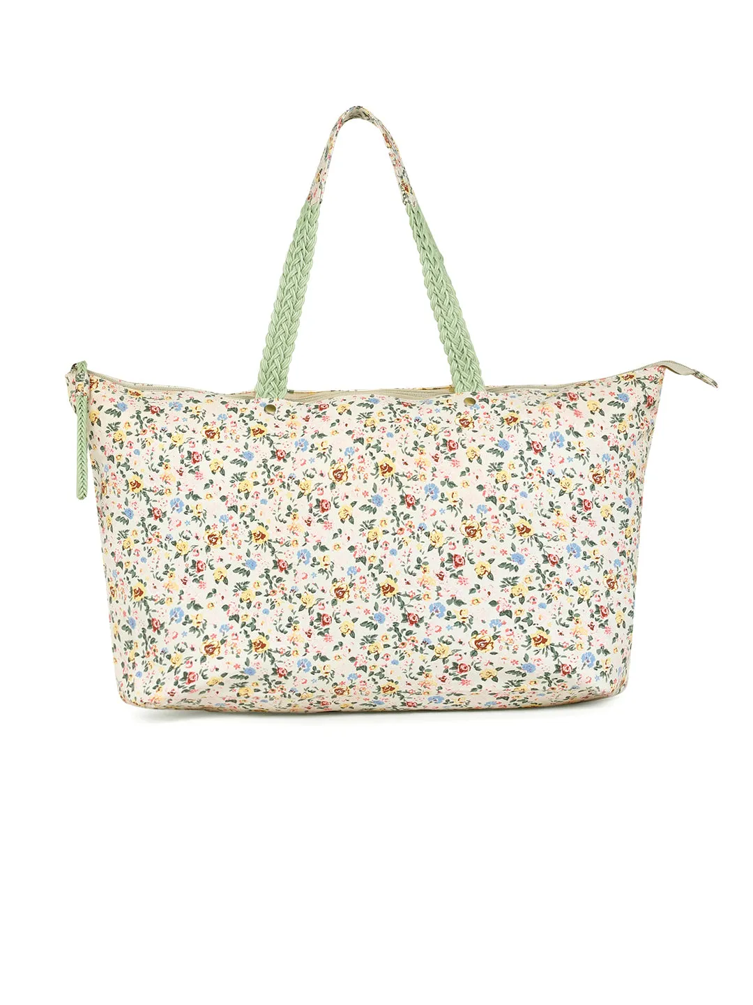 Berrylush Women White Floral Printed Canvas Zipper-Up Oversized Tote Bag