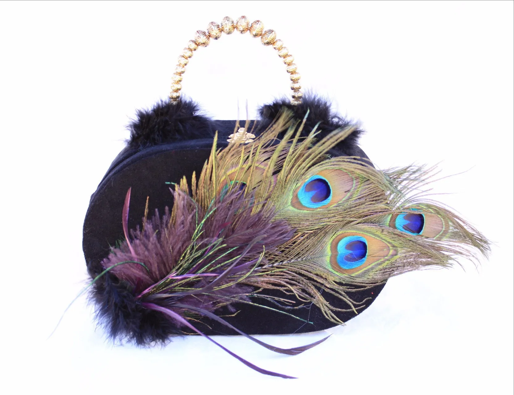 Black Velvet Pillbox Hat with Peacock Feathers