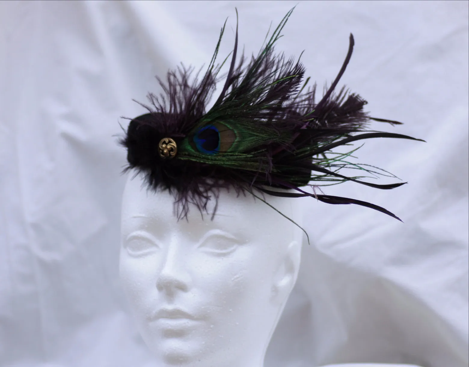 Black Velvet Pillbox Hat with Peacock Feathers