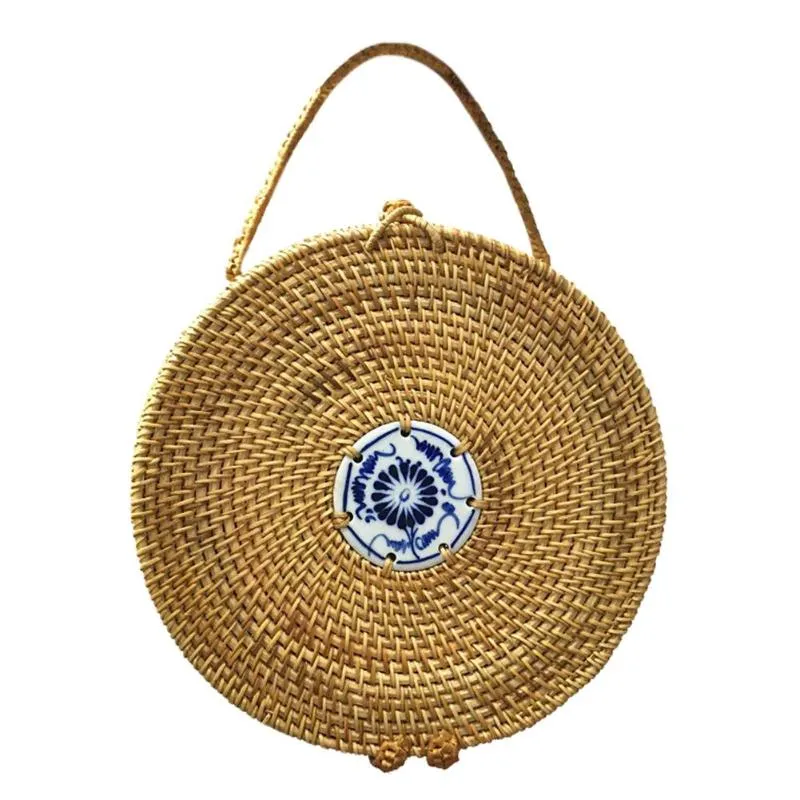 Blue and White Porcelain Decorative Circle Rattan Bag