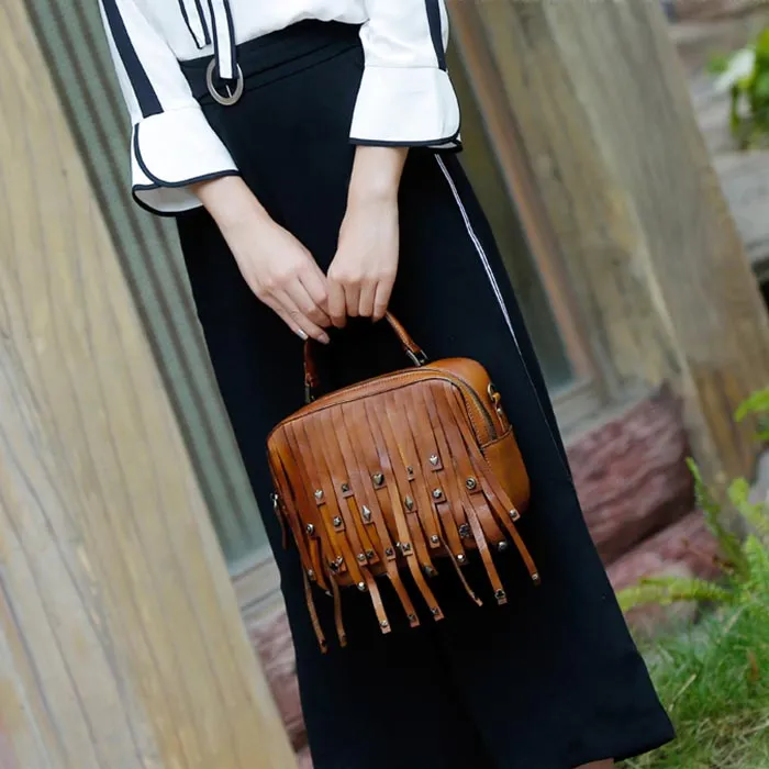 Boho Leather Fringe Crossbody Handbags Purses Small Shoulder Bag for Women