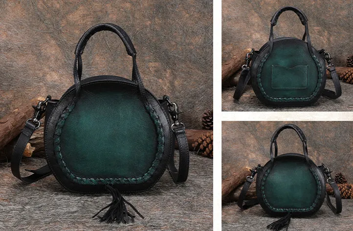 Boho Leather Womens Fringe Crossbody Bag Purse Circle Bag for Women