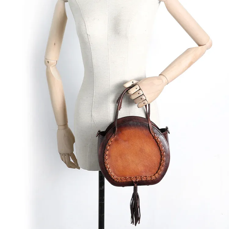 Boho Leather Womens Fringe Crossbody Bag Purse Circle Bag for Women