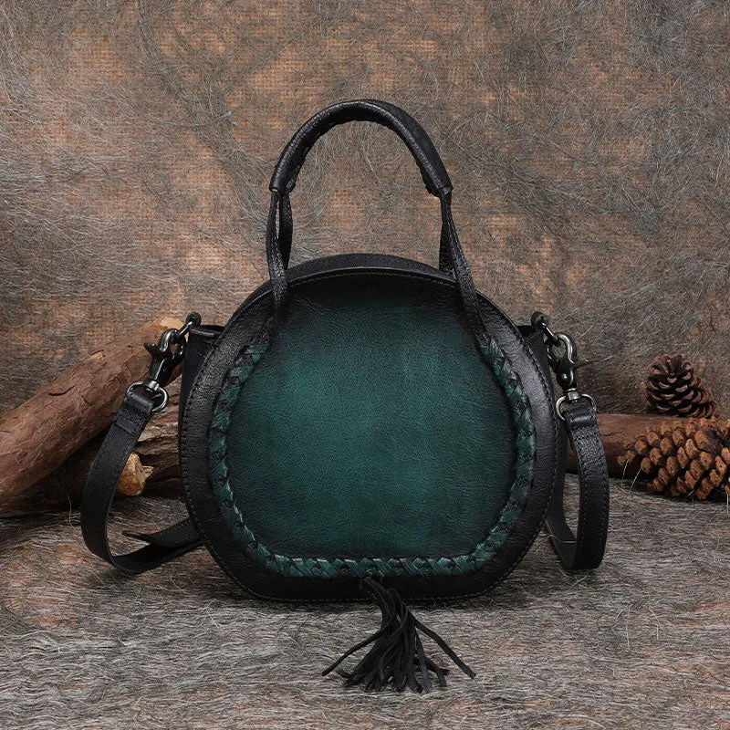 Boho Leather Womens Fringe Crossbody Bag Purse Circle Bag for Women