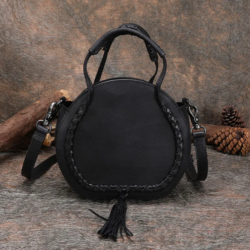 Boho Leather Womens Fringe Crossbody Bag Purse Circle Bag for Women