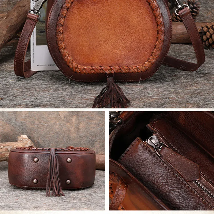 Boho Leather Womens Fringe Crossbody Bag Purse Circle Bag for Women