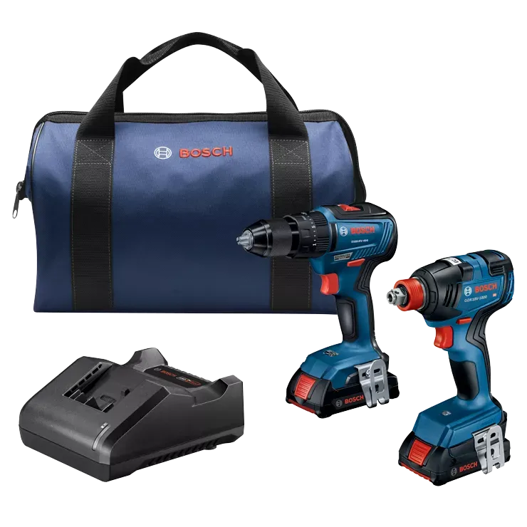 BOSCH 18V 2-Tool Combo Kit w/ 1/2 Hammer Drill/Driver & 2-IN-1 1/4" & 1/2" Bit/Socket Impact Driver/Wrench