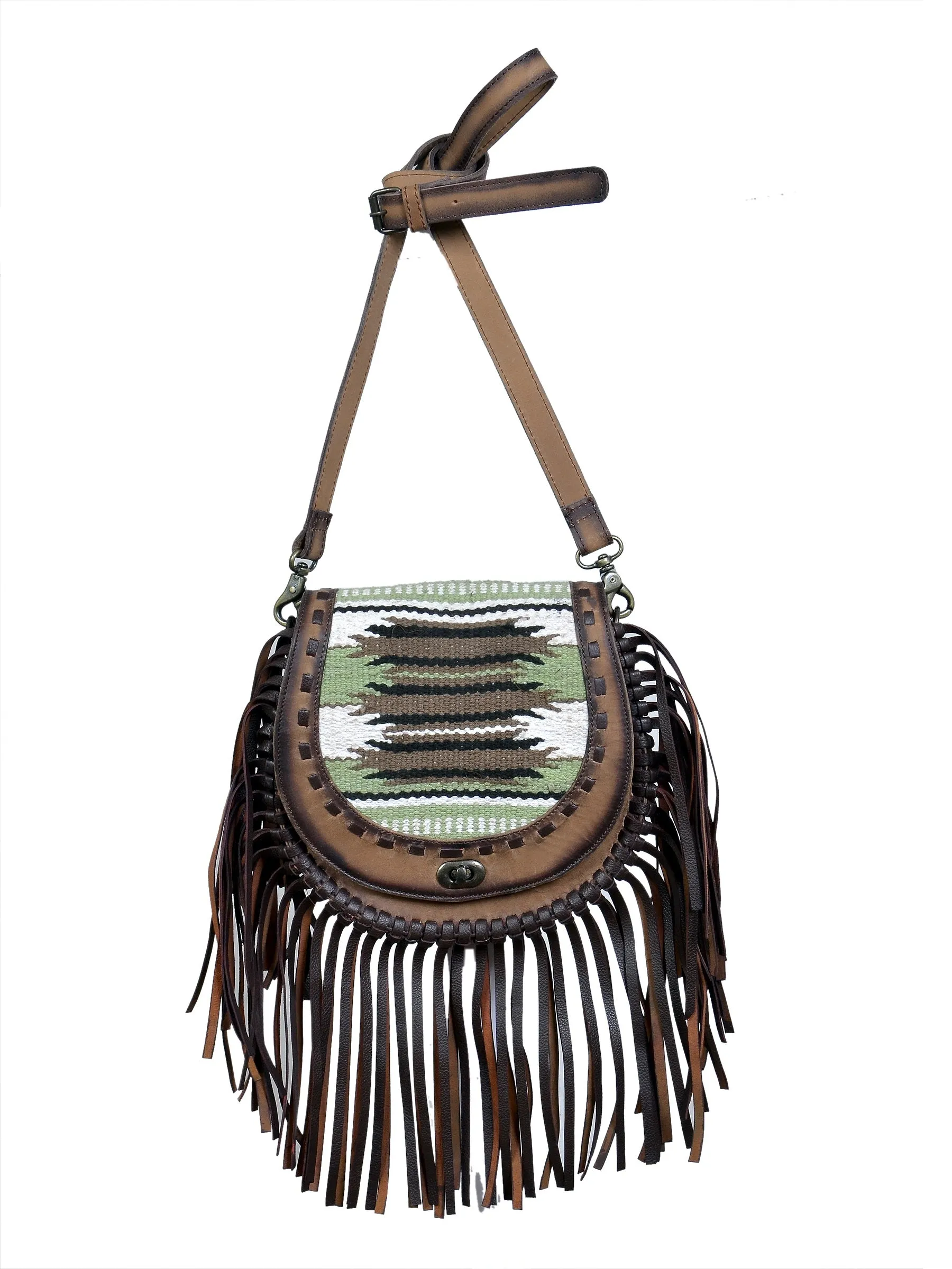 Brown/Green Horseshoe Crossbody Purse with Fringe