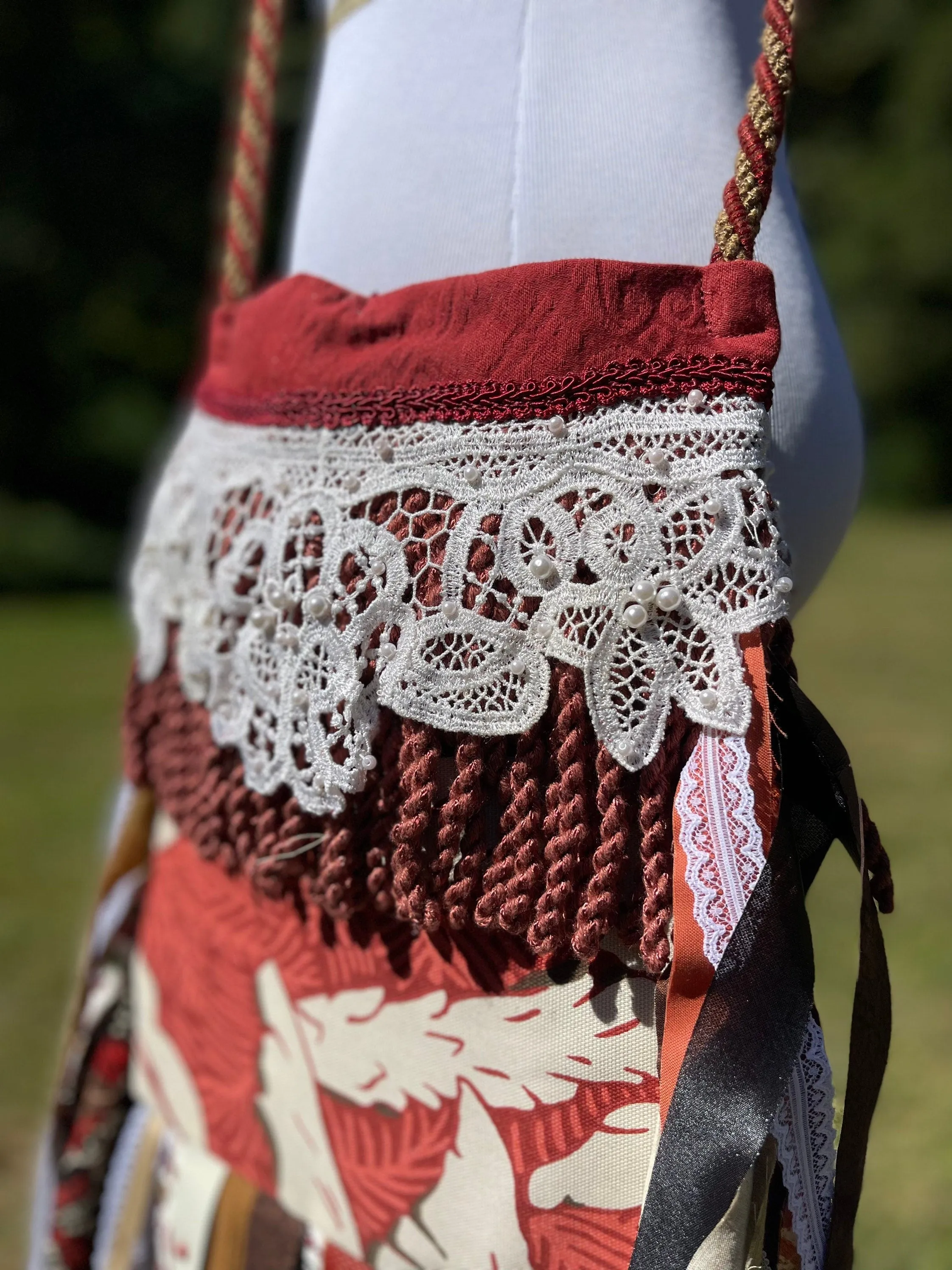 Burgandy Lace Fringe Purse, Festival Fringe Bag, Hippie Handbag, Boho Chic Crossbody Messenger, Embellished purse