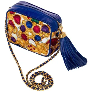 CHANEL 1990s Silk Gripoix Jewel Print Blue Leather Tassel Chain Crossbody Bag