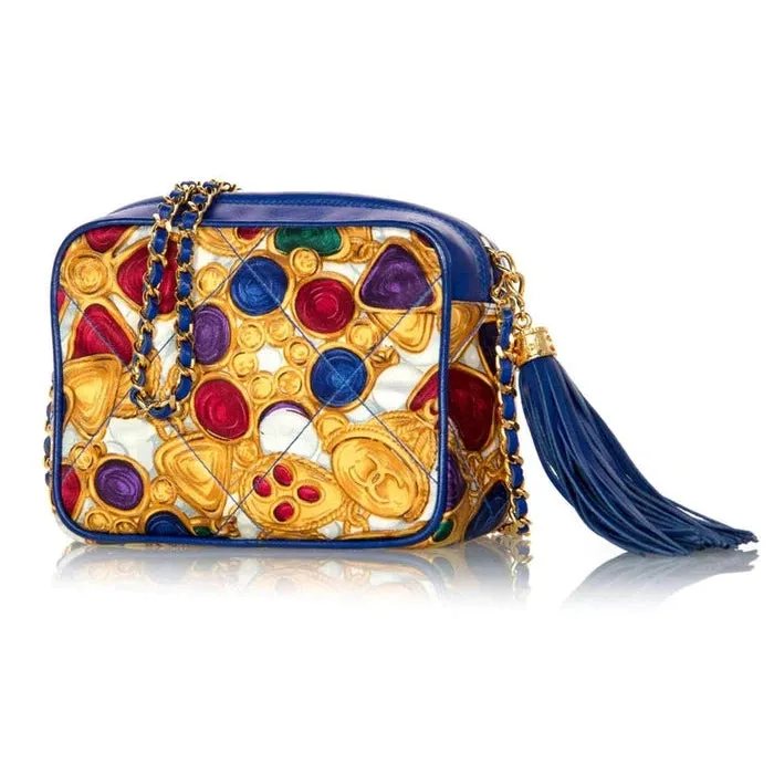 CHANEL 1990s Silk Gripoix Jewel Print Blue Leather Tassel Chain Crossbody Bag