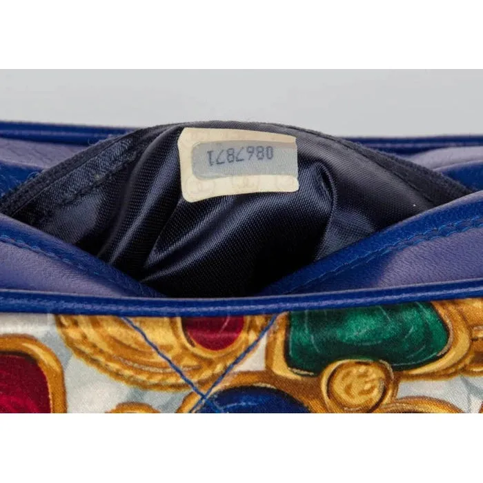 CHANEL 1990s Silk Gripoix Jewel Print Blue Leather Tassel Chain Crossbody Bag