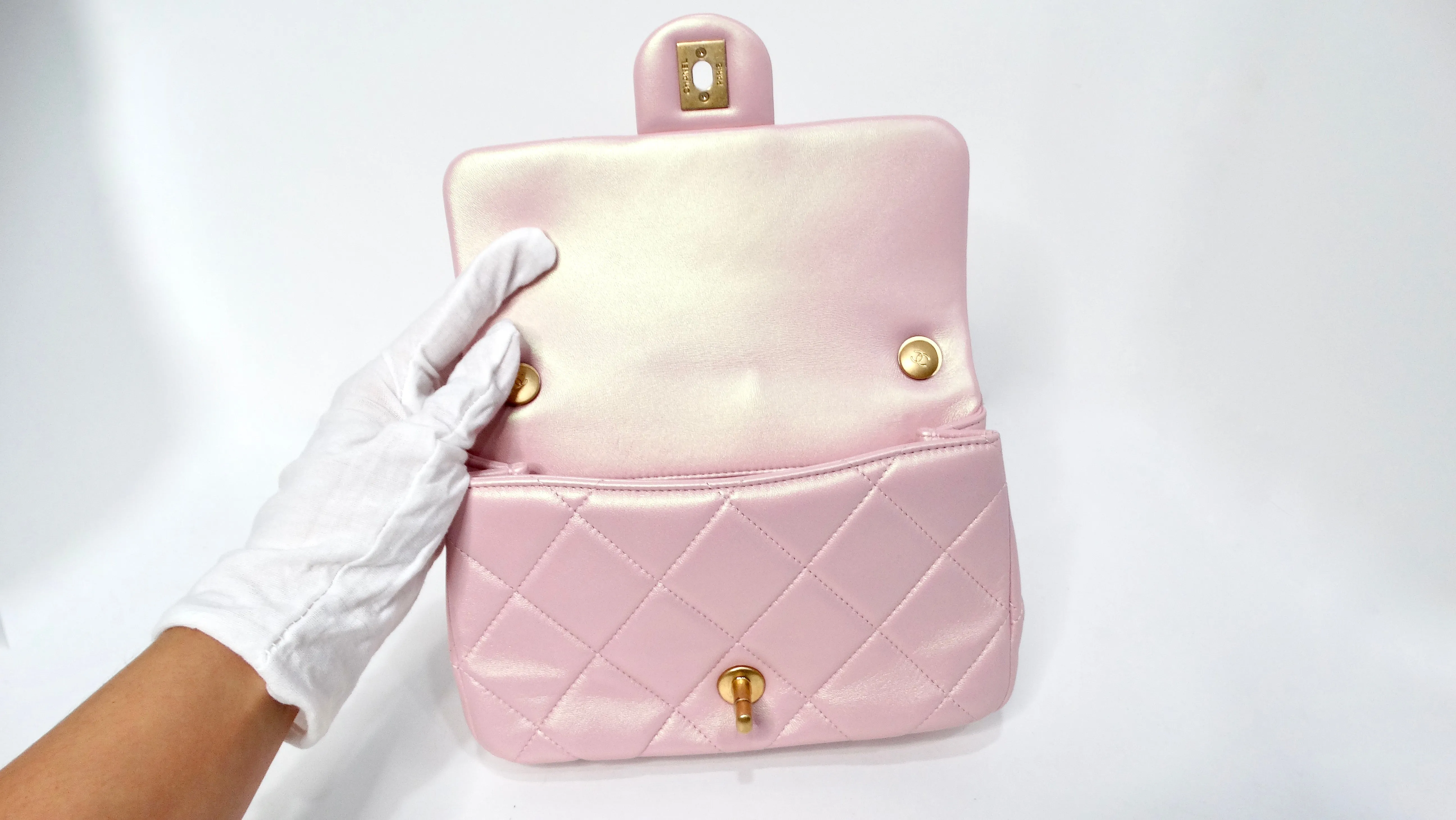 Chanel 2024 Pink Pearly Iridescent Quilted Lambskin Leather Mini Crossbody Bag