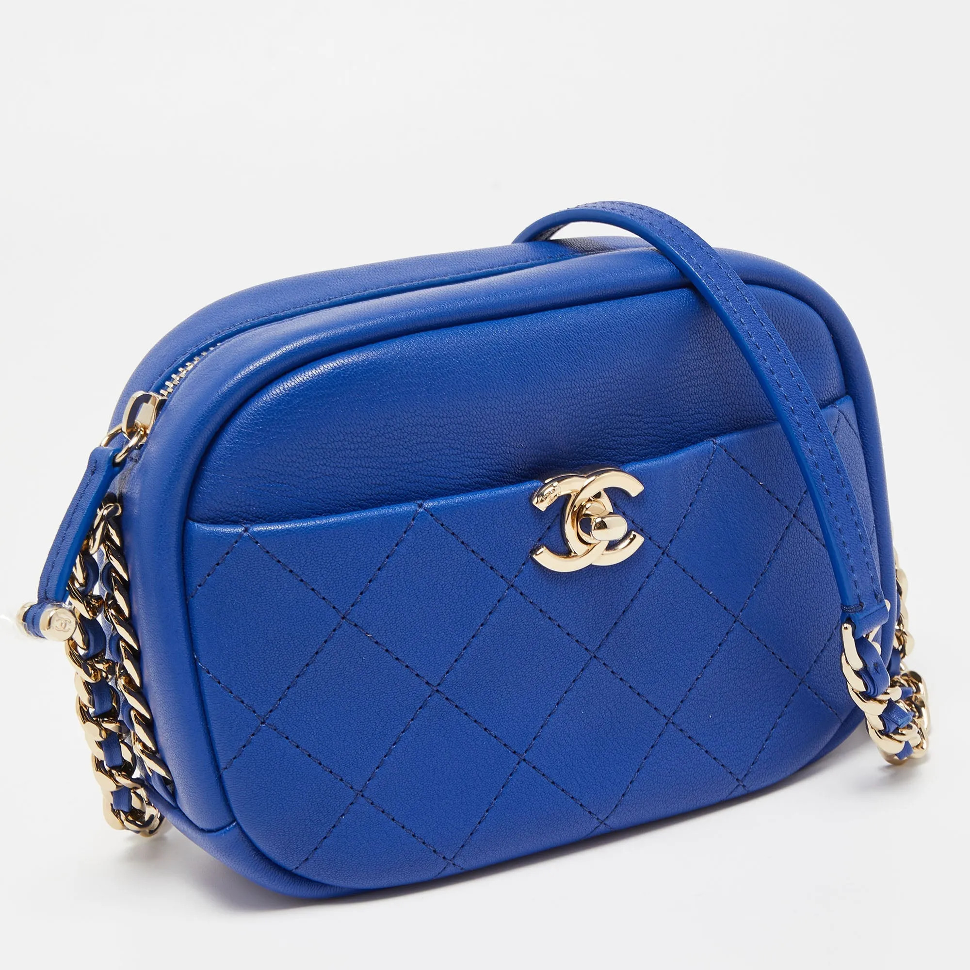 CHANEL Blue Quilted Leather Small Casual Trip Camera Crossbody Bag