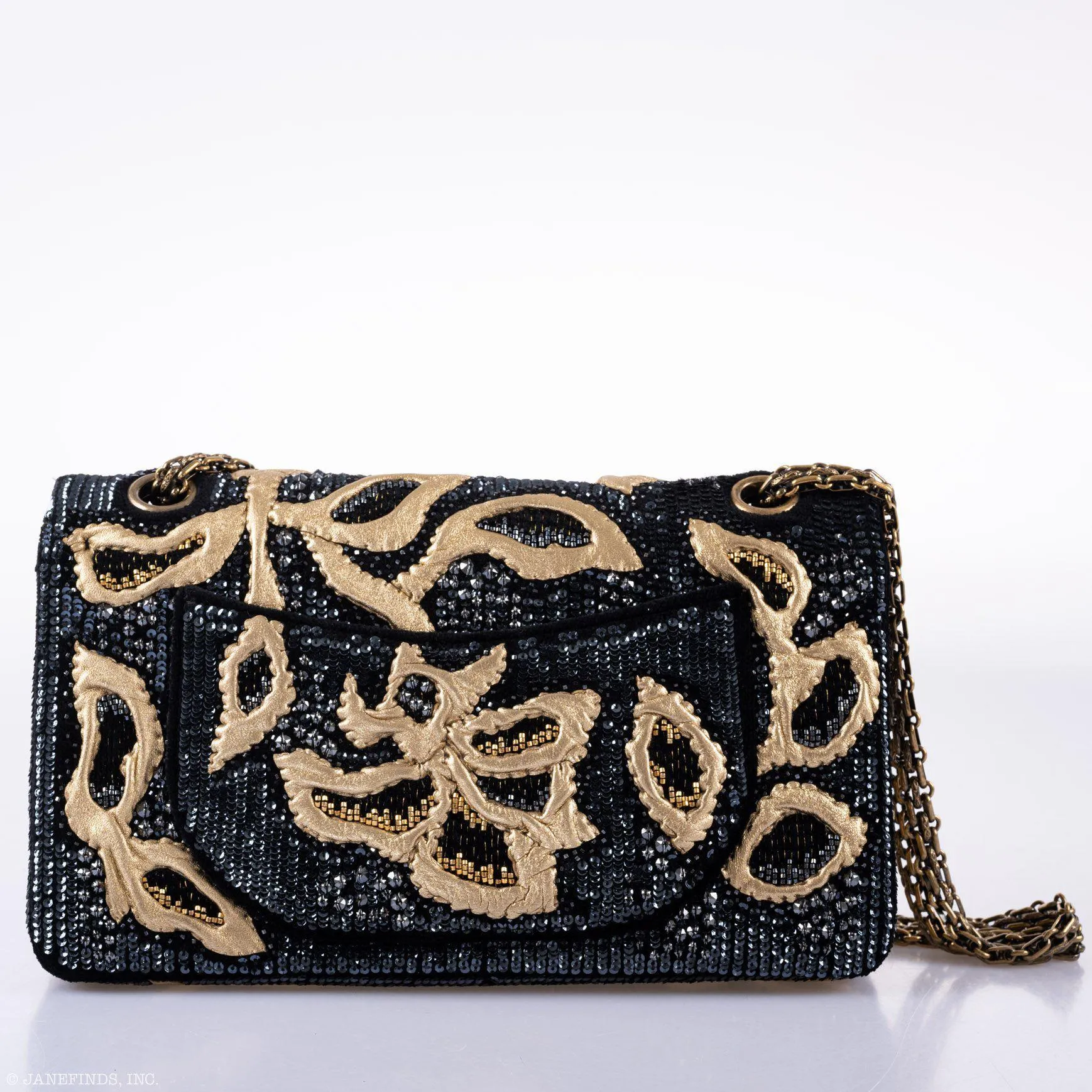 Chanel Exquisite 2.55 Reissue Medium Double Flap Gold and Black Embroidered Sequins and Lambskin on Velvet