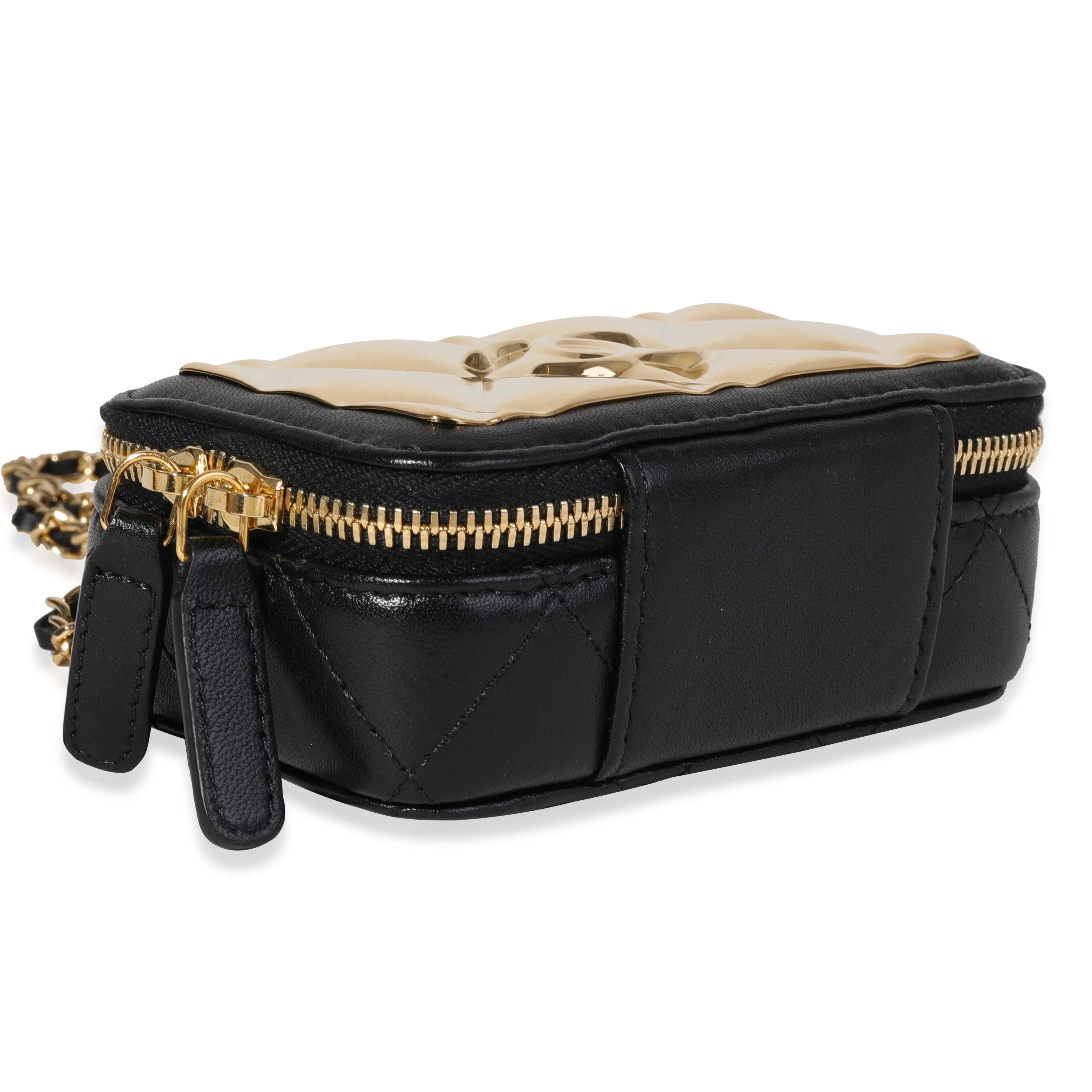 CHANEL Gold Quilted Metal & Black Lambskin Mini Vanity Bag