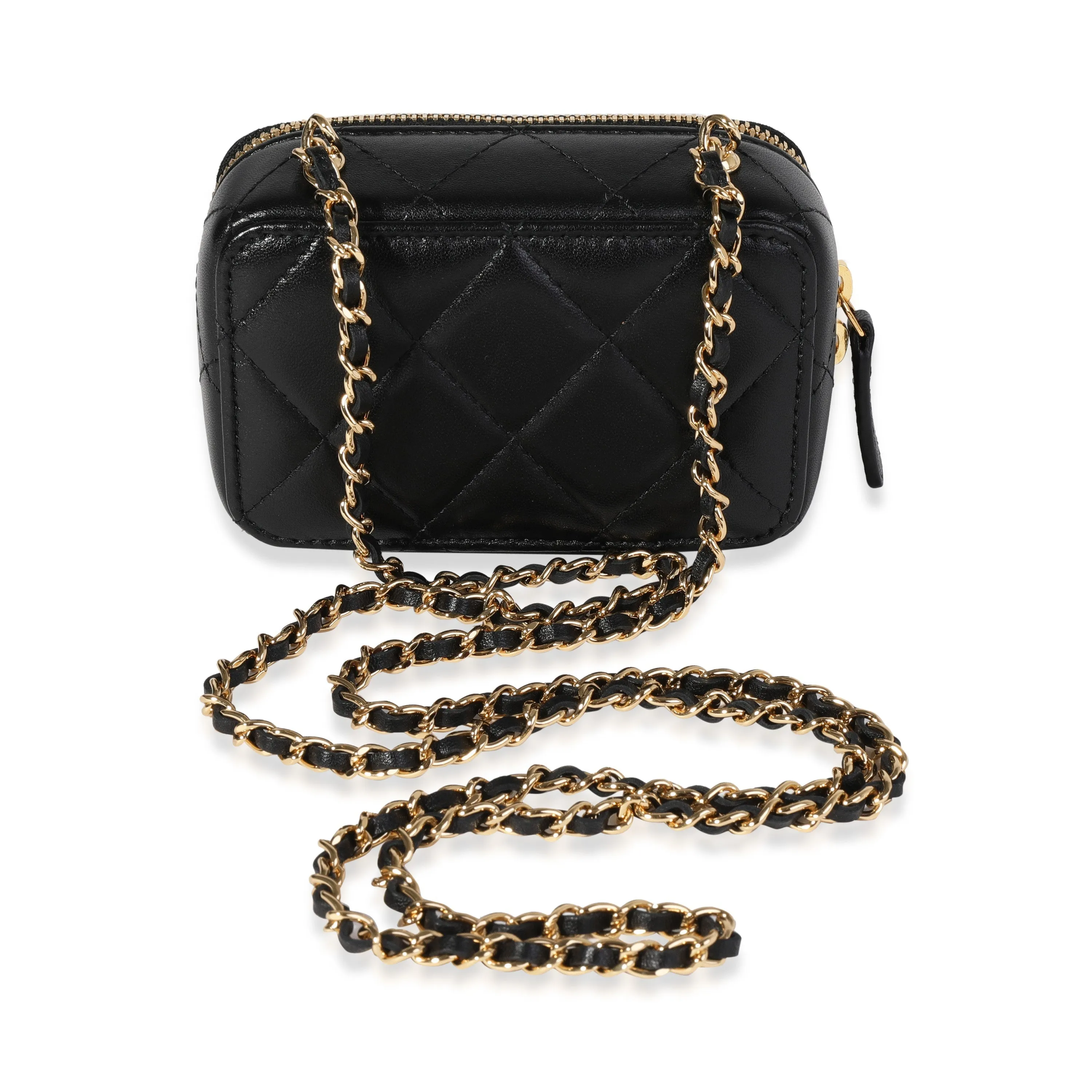 CHANEL Gold Quilted Metal & Black Lambskin Mini Vanity Bag