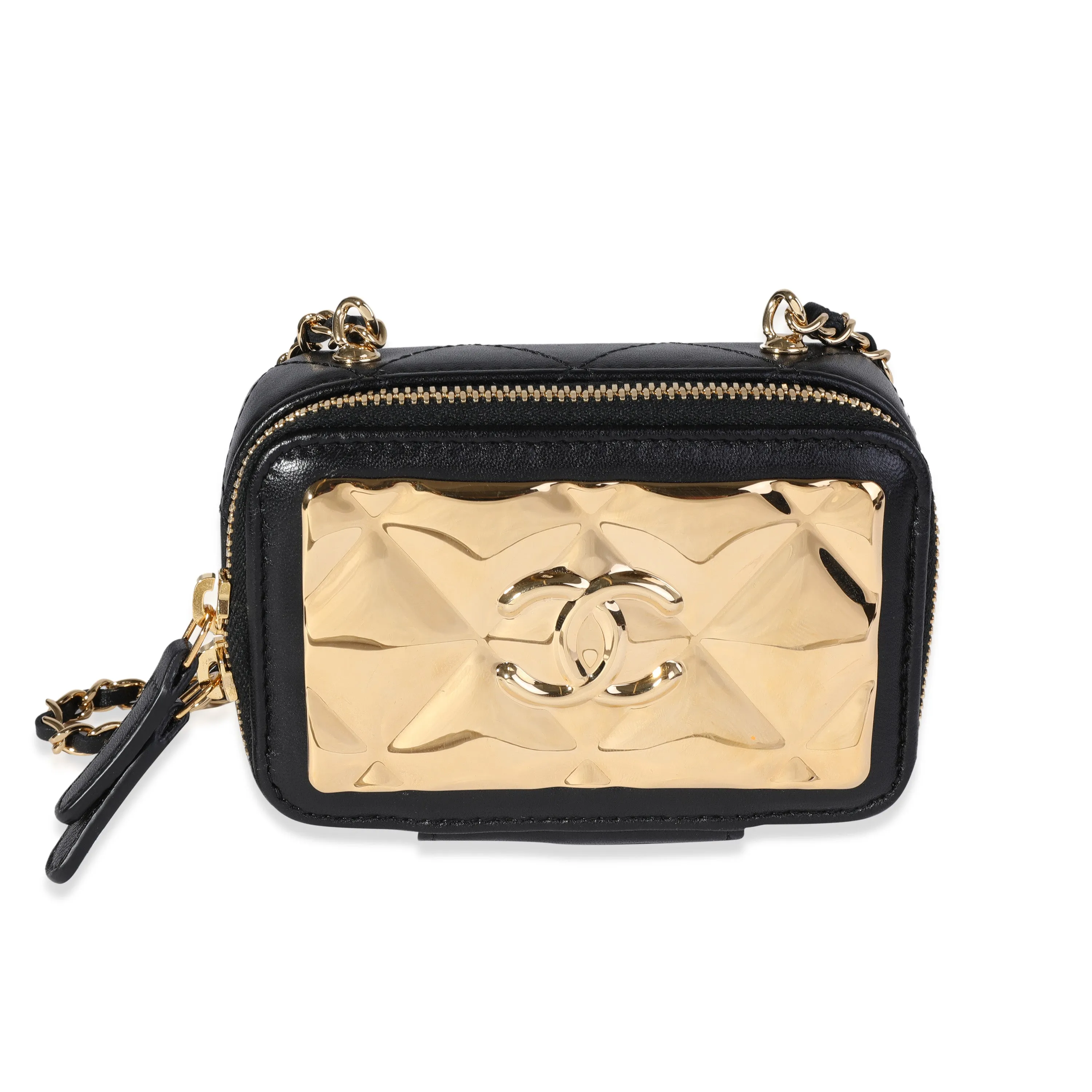 CHANEL Gold Quilted Metal & Black Lambskin Mini Vanity Bag