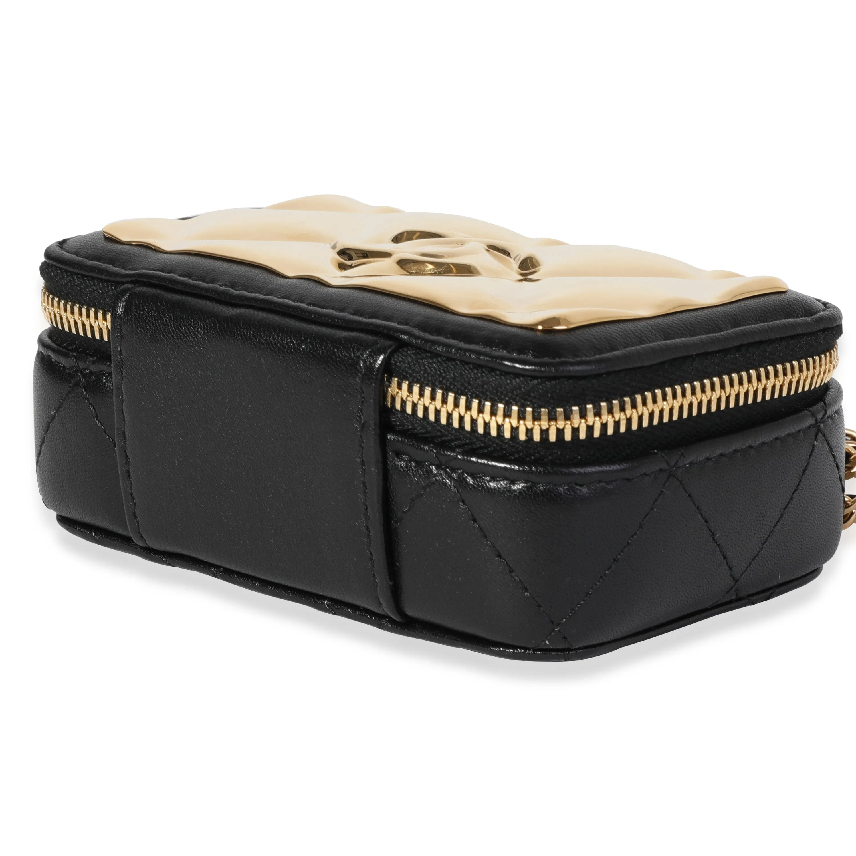 CHANEL Gold Quilted Metal & Black Lambskin Mini Vanity Bag