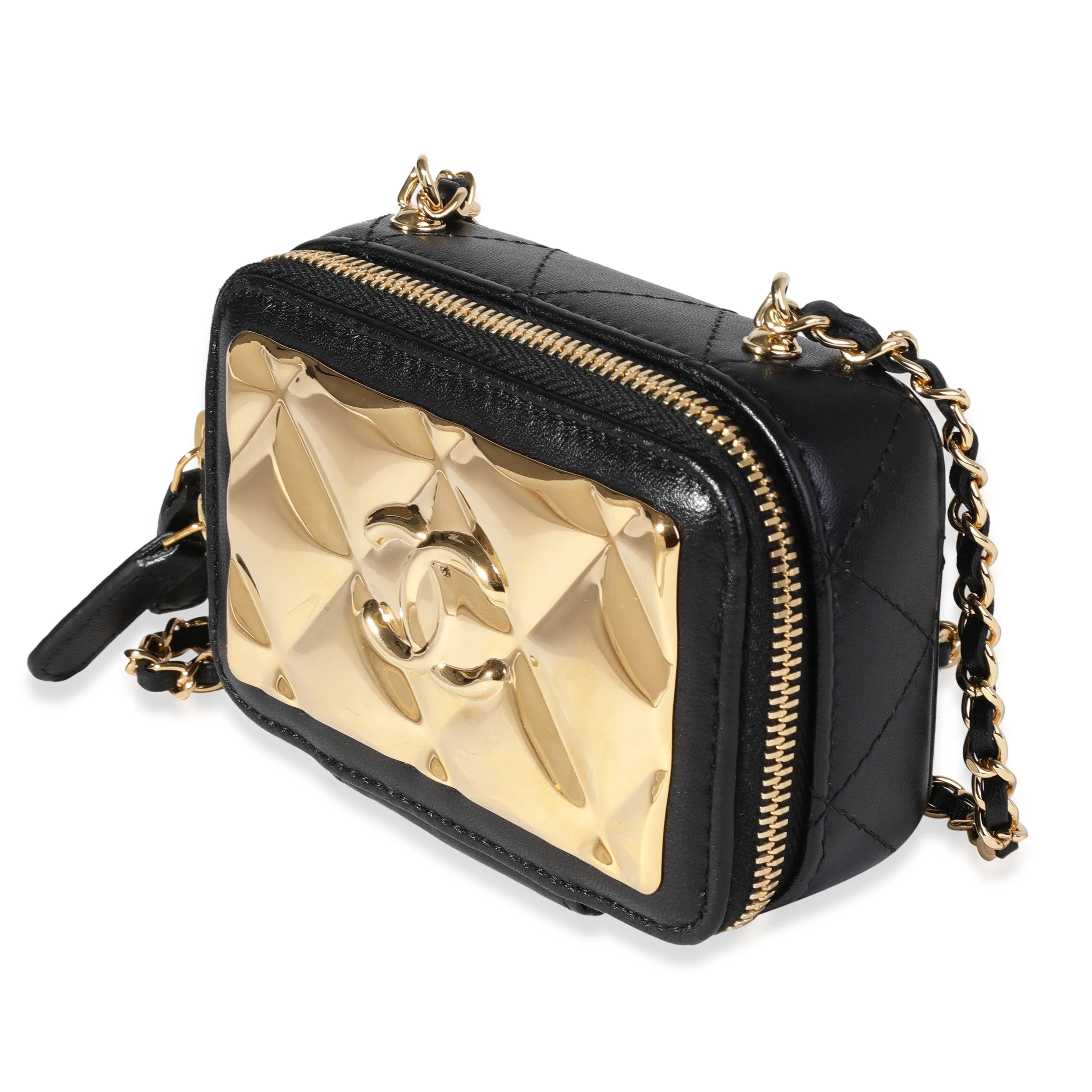 CHANEL Gold Quilted Metal & Black Lambskin Mini Vanity Bag