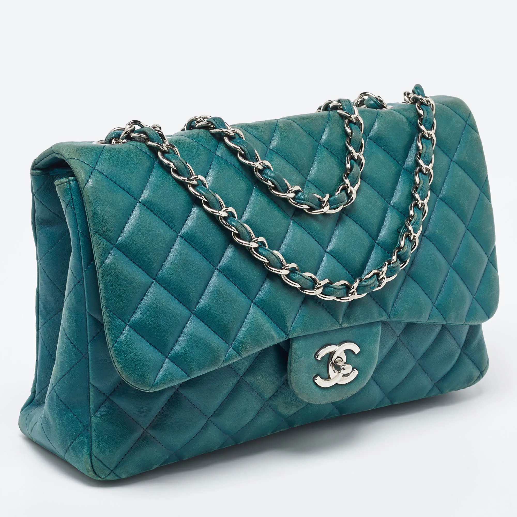 CHANEL Green Quilted Leather Jumbo Classic Double Flap Bag