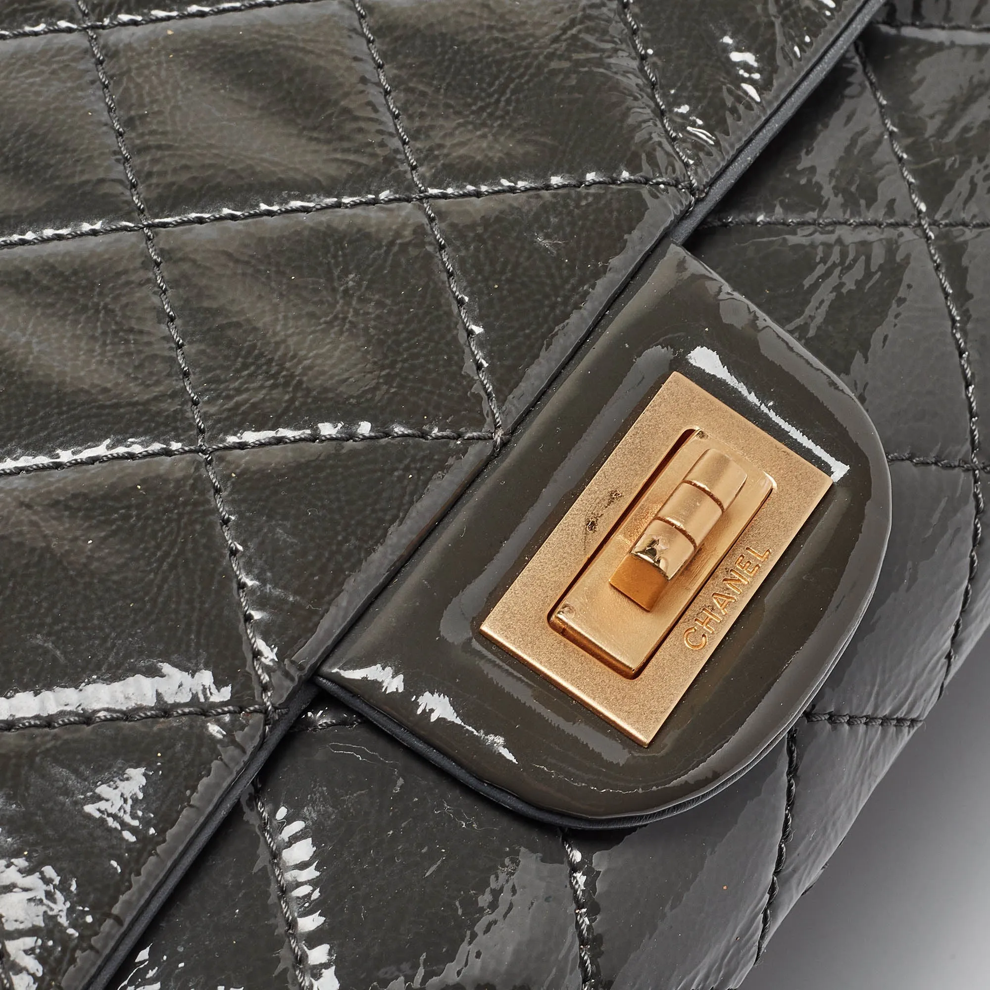 CHANEL Grey Quilted Aged Patent Leather Classic 227 Reissue 2.55 Flap Bag