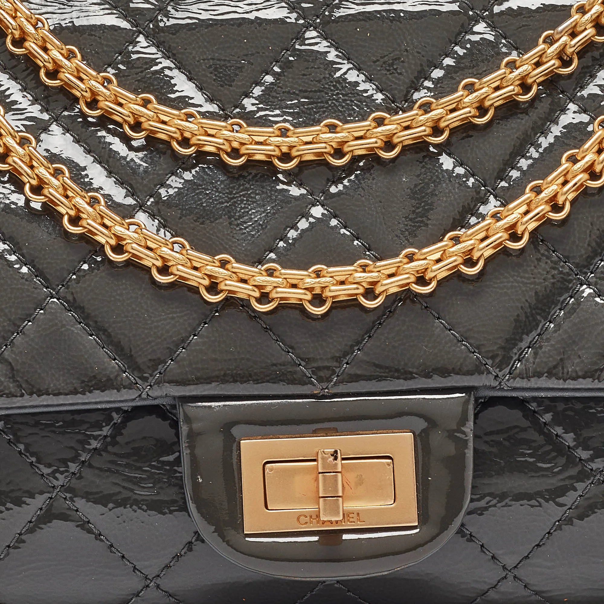 CHANEL Grey Quilted Aged Patent Leather Classic 227 Reissue 2.55 Flap Bag