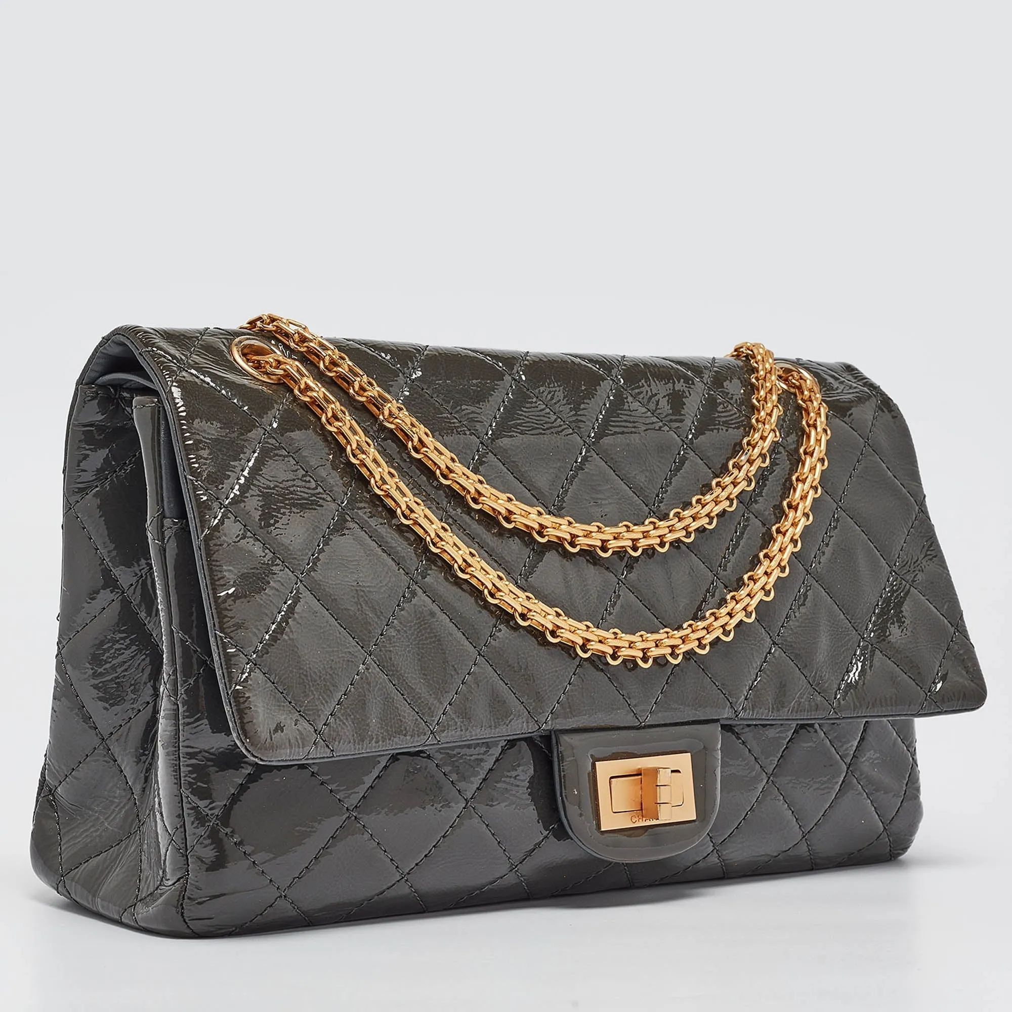 CHANEL Grey Quilted Aged Patent Leather Classic 227 Reissue 2.55 Flap Bag