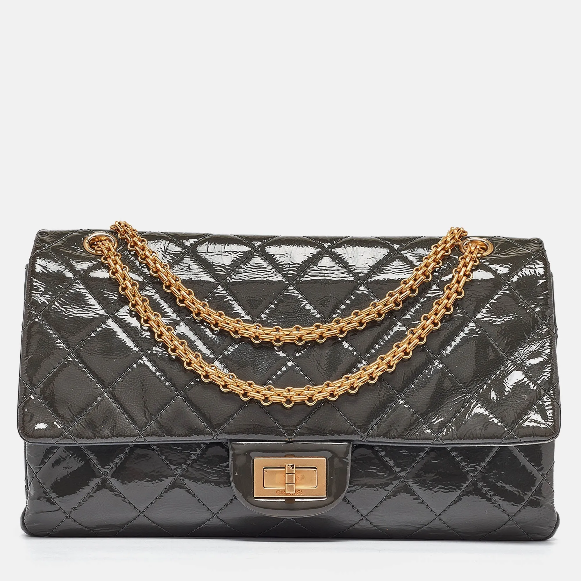 CHANEL Grey Quilted Aged Patent Leather Classic 227 Reissue 2.55 Flap Bag