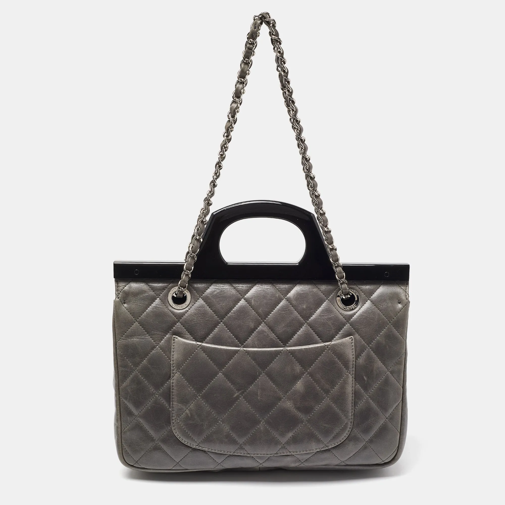 CHANEL Grey Quilted Glazed Leather Small CC Delivery Bag